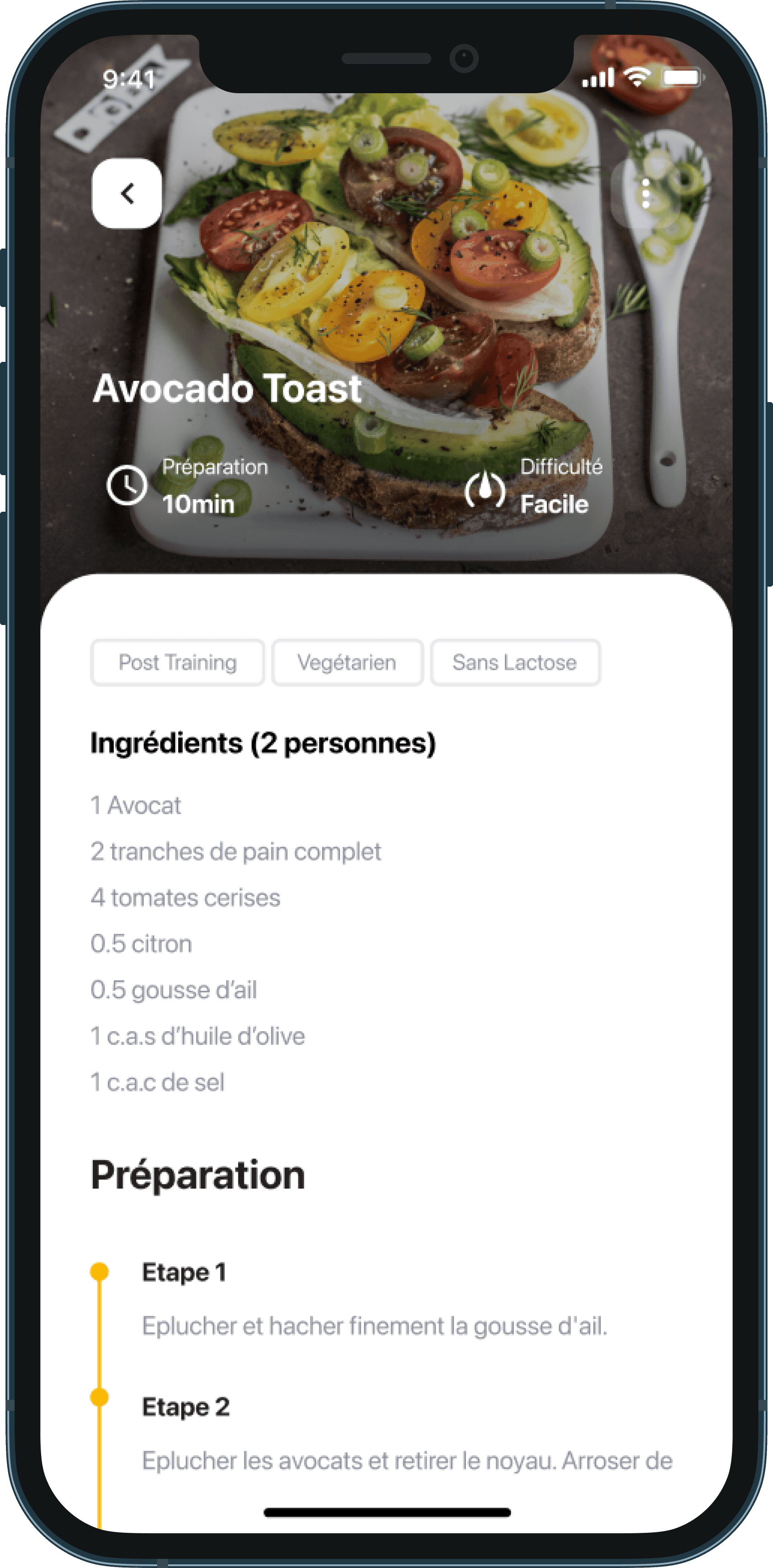 Recette dans l'application